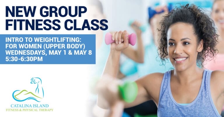 A woman lifting pink dumbbells showcases our new women's weightlifting class on Catalina Island. Join us on May 1 and May 8 from 5:30 to 6:30 PM for empowering sessions designed just for women.