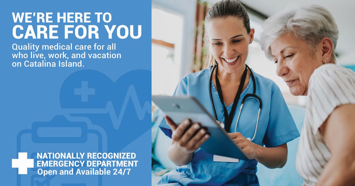 A nurse from CI Health is showing information on a tablet to an older woman, emphasizing the 24/7 emergency health care available on Catalina Island.