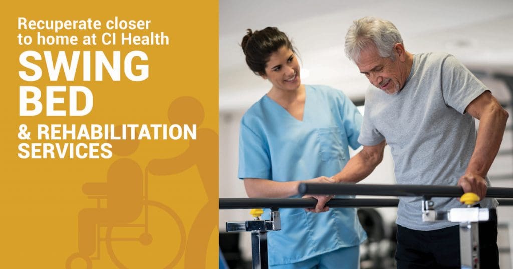 A nurse assists an elderly man with walking using parallel bars, highlighting CI Healths swing bed and rehabilitation services.