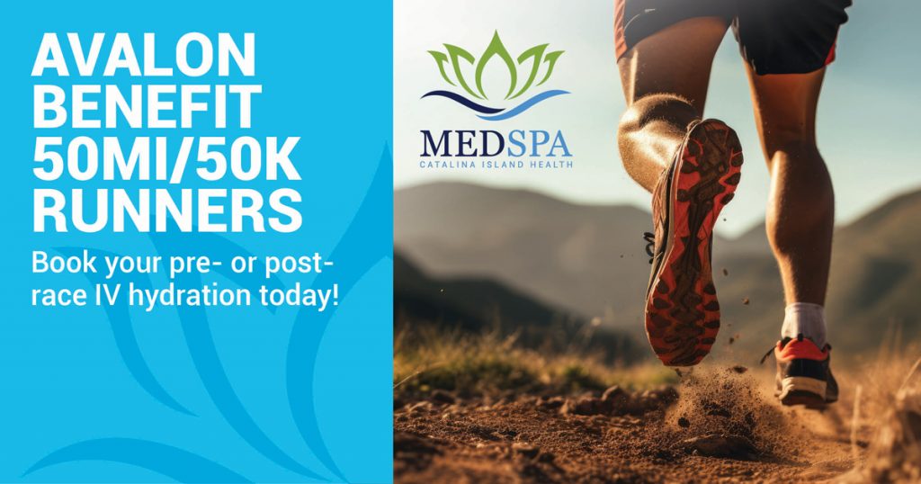 Close-up of a marathon runners feet on a trail. Text: Avalon Benefit 50mi/50k Runners. Book your pre- or post-race IV hydration today! Includes MEDSPA logo.