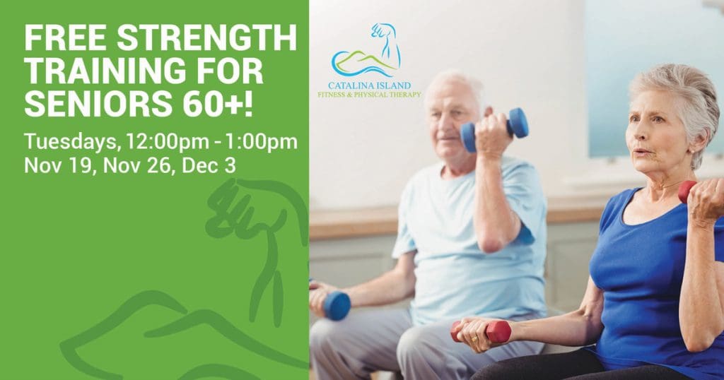 Two seniors exercising with dumbbells in a lively workshop. Discover free strength training for those aged 60+, perfect for aging in place. Join us on Tuesdays, noon to 1:00 pm, on specified dates.