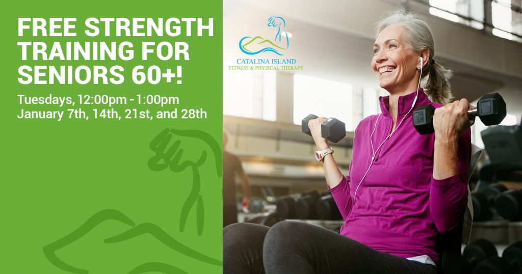 Senior woman in a pink jacket lifts dumbbells, smiling. Text reads: Free Strength Training for Seniors 60+! Join us Tuesdays, 12:00pm-1:00pm, on January 7th, 14th, 21st, and 28th.