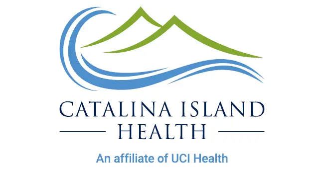 Catalina Island Health logo with green hills and blue waves, promoting local wellness. Text below reads: An affiliate of UCI Health, featured at the Resident Resource Fair.