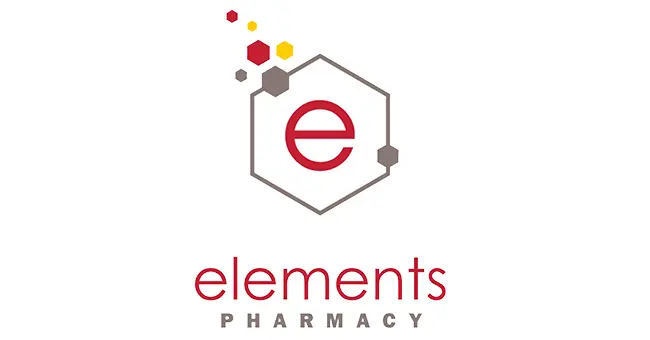 Logo with a hexagon and letter e at the center, surrounded by small colored shapes symbolizing diverse resources. Text below reads Elements Pharmacy.