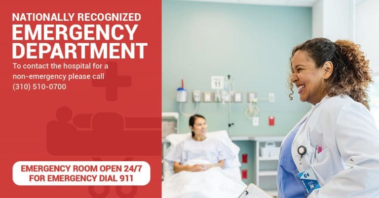 A doctor smiles while speaking to a patient in a hospital room. Text highlights CI Health's nationally recognized Emergency Department, open 24/7, with contact information and emergency instructions.