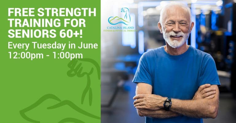 Older man with white hair and beard smiles in the gym. Join our Free Strength Training for Seniors 60+ every Tuesday, 12–1pm at Catalina Island Fitness. Stay active, strong, and social!.