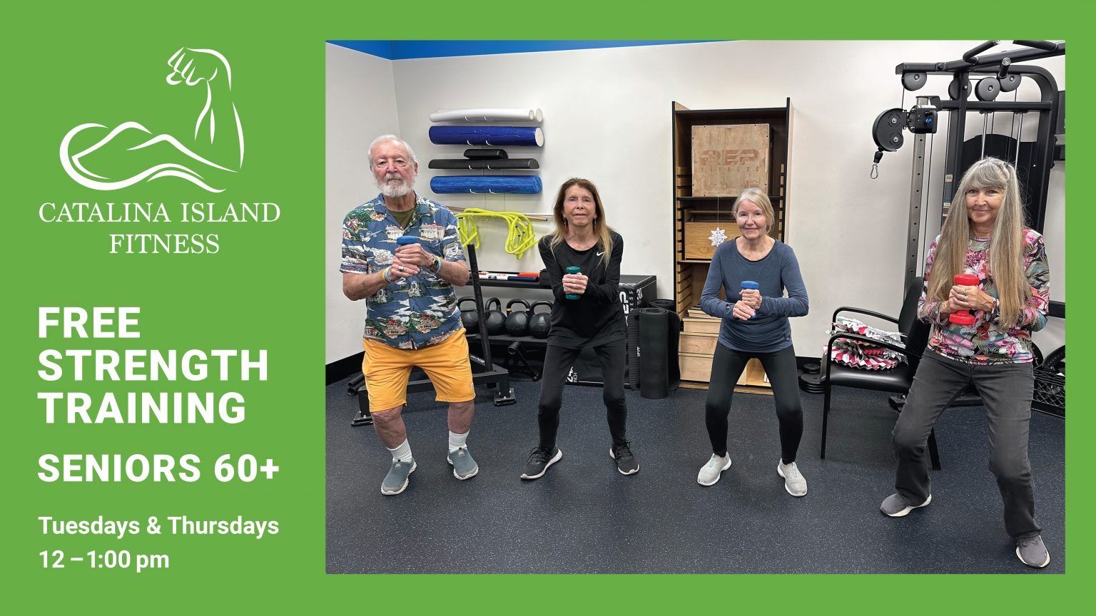 Group of seniors using light weights during a guided strength training class.