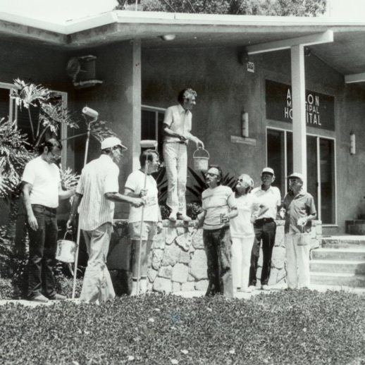 Historic photo of community gathering outside Catalina Island Hospital.